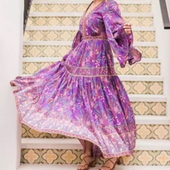 075 Boho Purple Floral Print V neck Cottagecore Dress - Picture 10 of 14